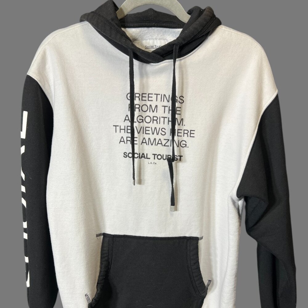 Social Tourist Black and White Hoodie with Kangaroo Pocket